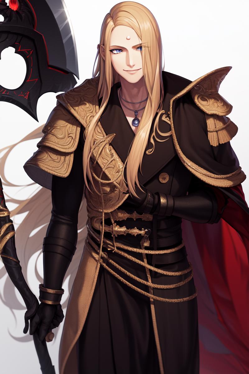 15524-633058668-masterpiece, best quality, highres, 1boy zenos, red cape shoulder armor black coat  standing, holding weapon, light smile, scyth.png